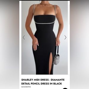 SHARLEY MIDI DRESS - DIAMANTE DETAIL PENCIL DRESS IN BLACK